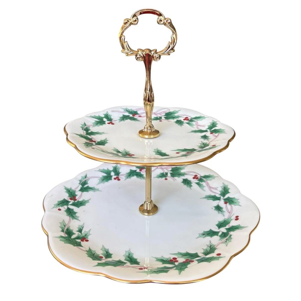 Mikasa Ribbon Holly 2 Tier Serving Tray Bone China Gold Handle Christmas Dessert